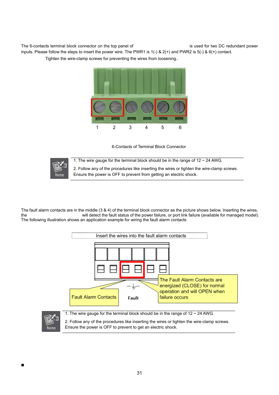 3 wiring the power inputs, 4 wiring the fault alarm contact, 5 cabling | Interlogix NS3550-8T-2S User Manual User Manual | Page 31 / 495