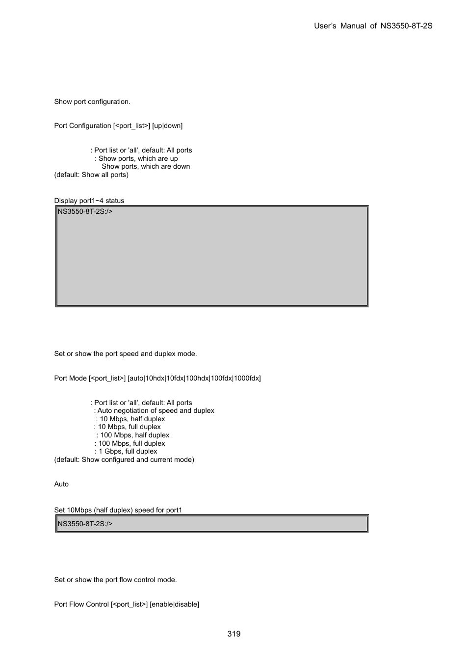 3 port management command, Port configuration, Port mode | Port flow control | Interlogix NS3550-8T-2S User Manual User Manual | Page 319 / 495