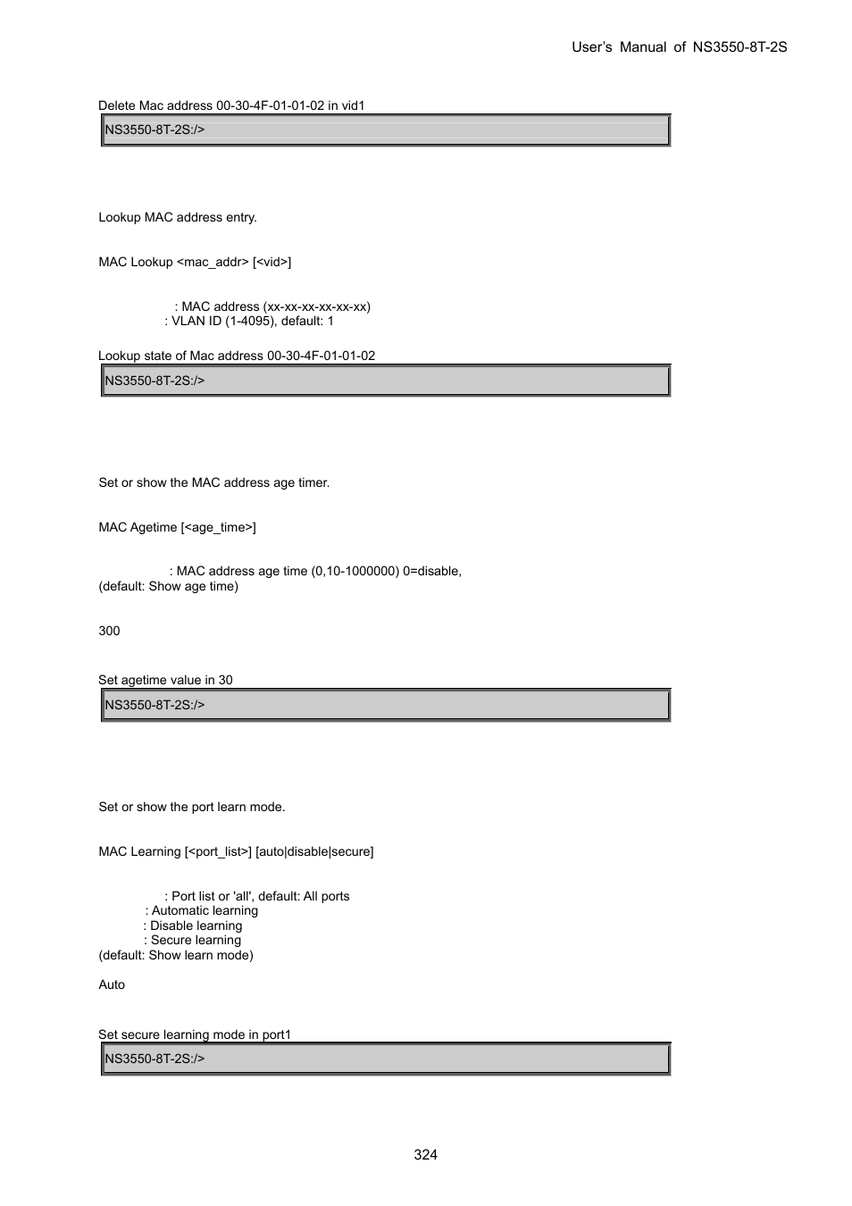 Mac lookup, Mac age time, Mac learning | Interlogix NS3550-8T-2S User Manual User Manual | Page 324 / 495