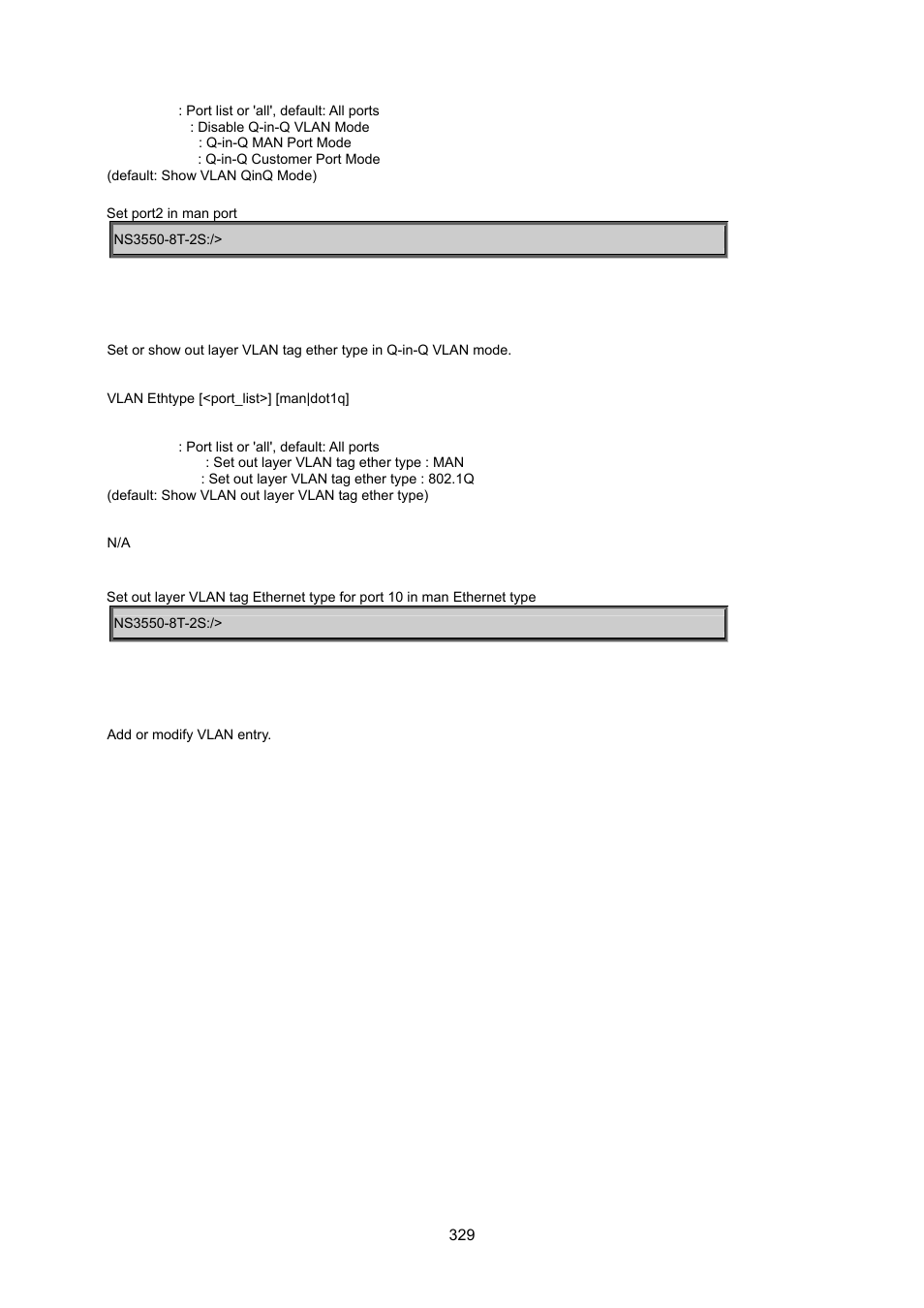 Vlan ethernet type, Vlan add | Interlogix NS3550-8T-2S User Manual User Manual | Page 329 / 495