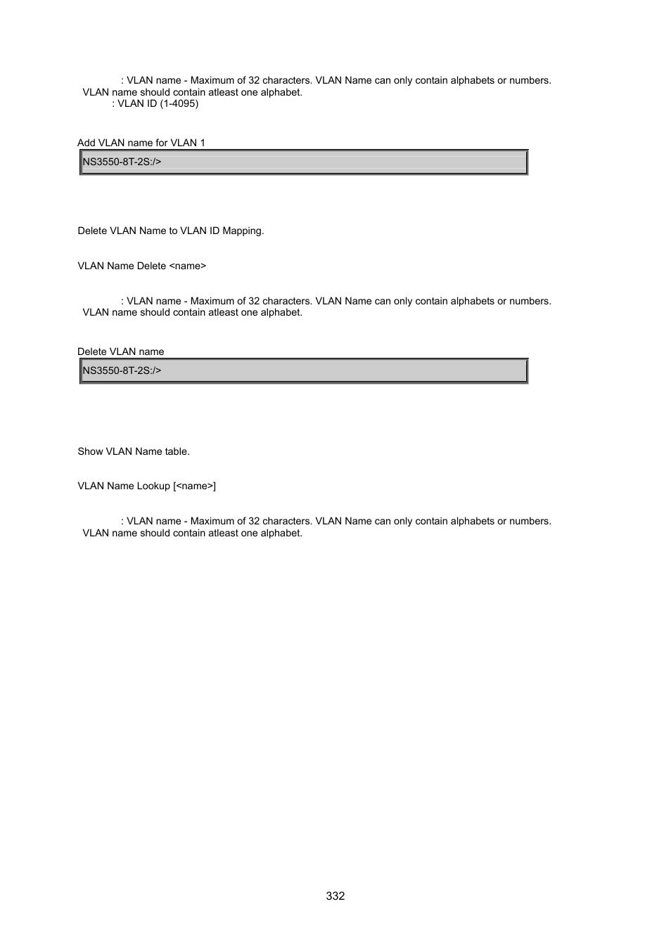 Vlan name delete, Vlan name lookup | Interlogix NS3550-8T-2S User Manual User Manual | Page 332 / 495