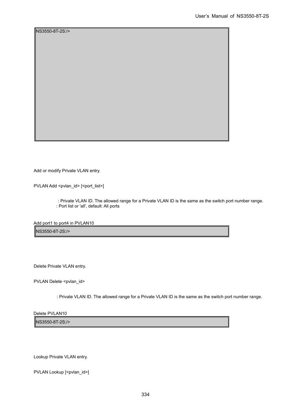 Pvlan add, Pvlan delete, Pvlan lookup | Interlogix NS3550-8T-2S User Manual User Manual | Page 334 / 495