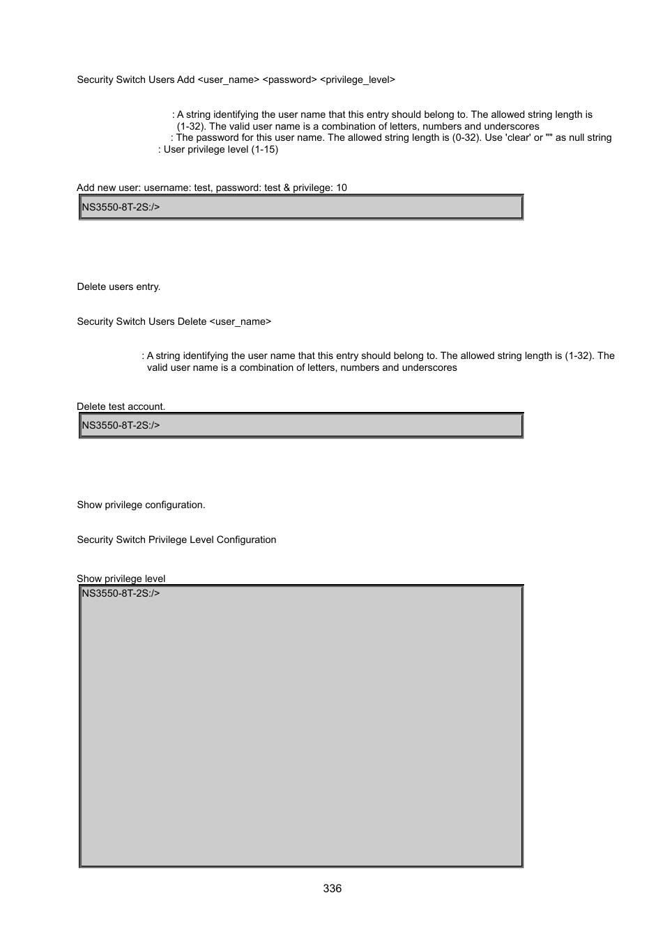 Security switch user delete, Security switch privilege level configuration | Interlogix NS3550-8T-2S User Manual User Manual | Page 336 / 495