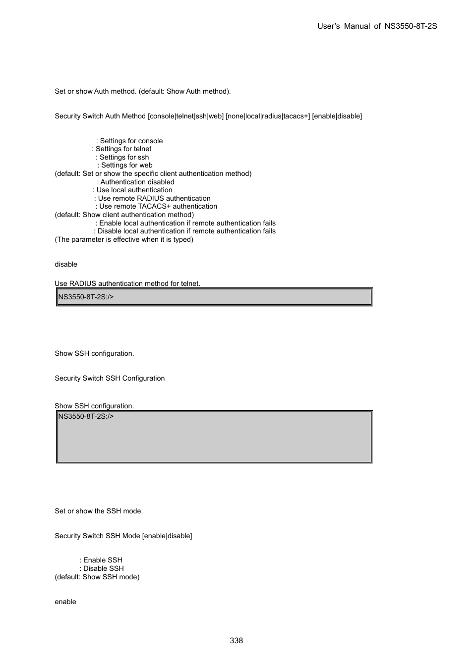 Security switch auth method, Security switch ssh configuration, Security switch ssh mode | Interlogix NS3550-8T-2S User Manual User Manual | Page 338 / 495