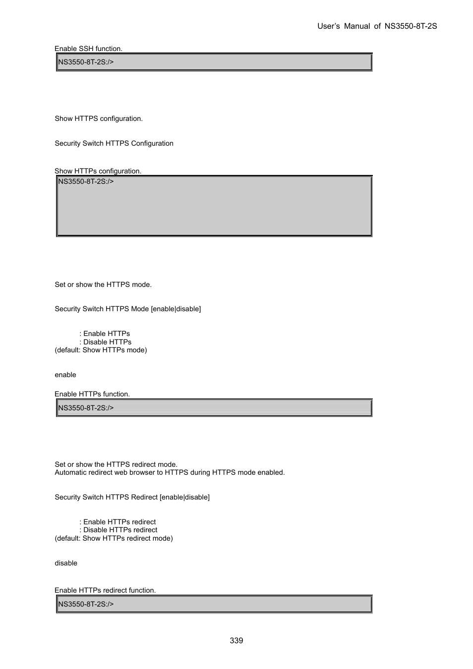 Security switch https configuration, Security switch https mode, Security switch https redirect | Interlogix NS3550-8T-2S User Manual User Manual | Page 339 / 495