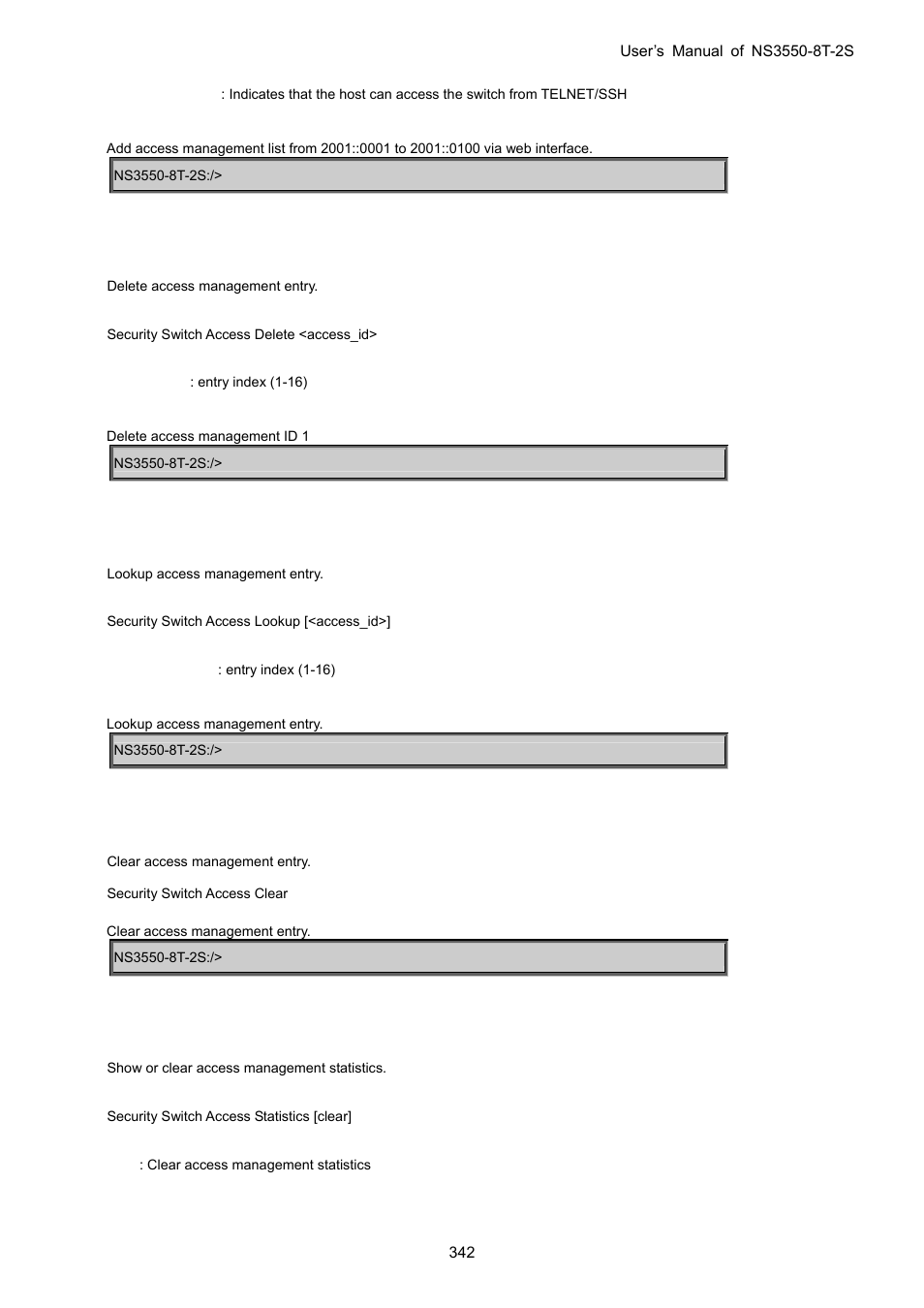 Security switch access delete, Security switch access lookup, Security switch access clear | Security switch access statistics | Interlogix NS3550-8T-2S User Manual User Manual | Page 342 / 495