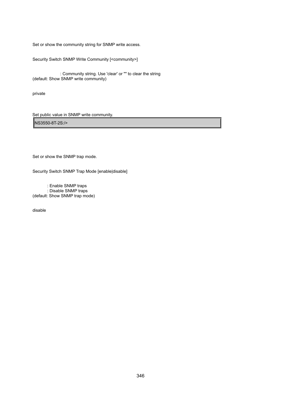 Security switch snmp write community, Security switch snmp trap mode | Interlogix NS3550-8T-2S User Manual User Manual | Page 346 / 495
