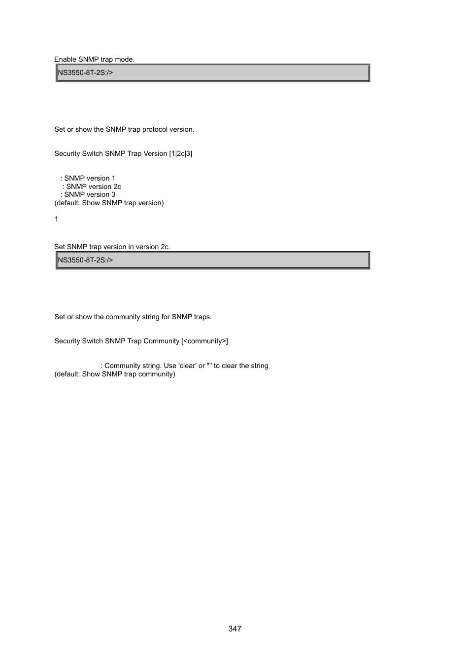 Security switch snmp trap version, Security switch snmp trap community | Interlogix NS3550-8T-2S User Manual User Manual | Page 347 / 495