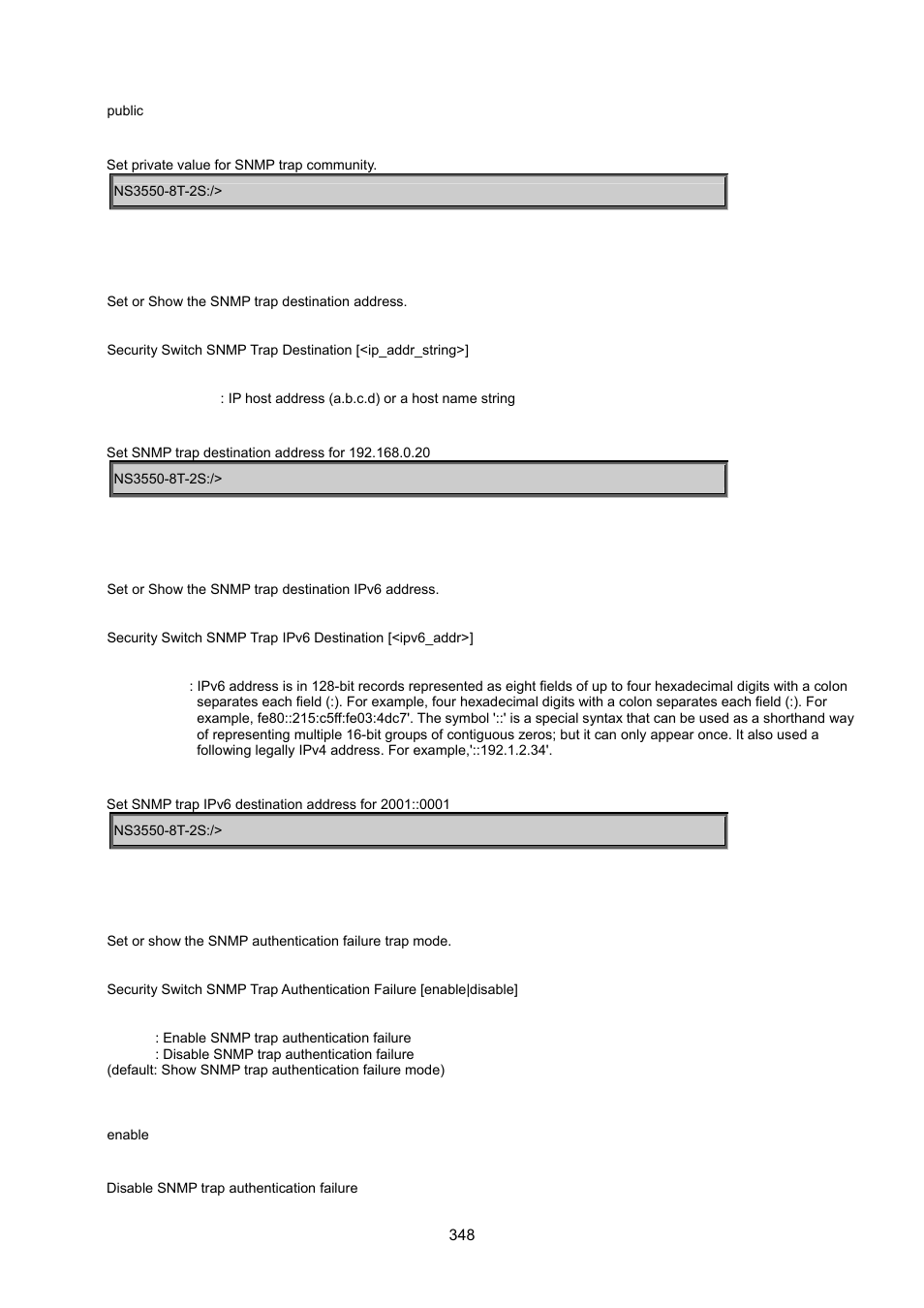 Security switch snmp trap destination, Security switch snmp trap ipv6 destination, Security switch snmp trap authentication failure | Interlogix NS3550-8T-2S User Manual User Manual | Page 348 / 495