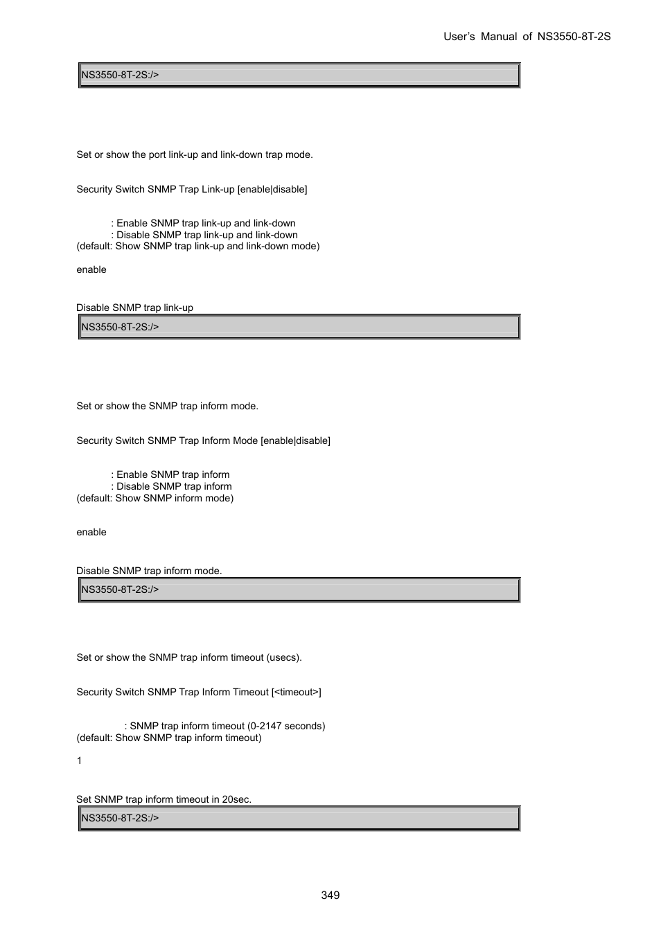 Security switch snmp trap link-up, Security switch snmp trap inform mode, Security switch snmp trap inform timeout | Interlogix NS3550-8T-2S User Manual User Manual | Page 349 / 495