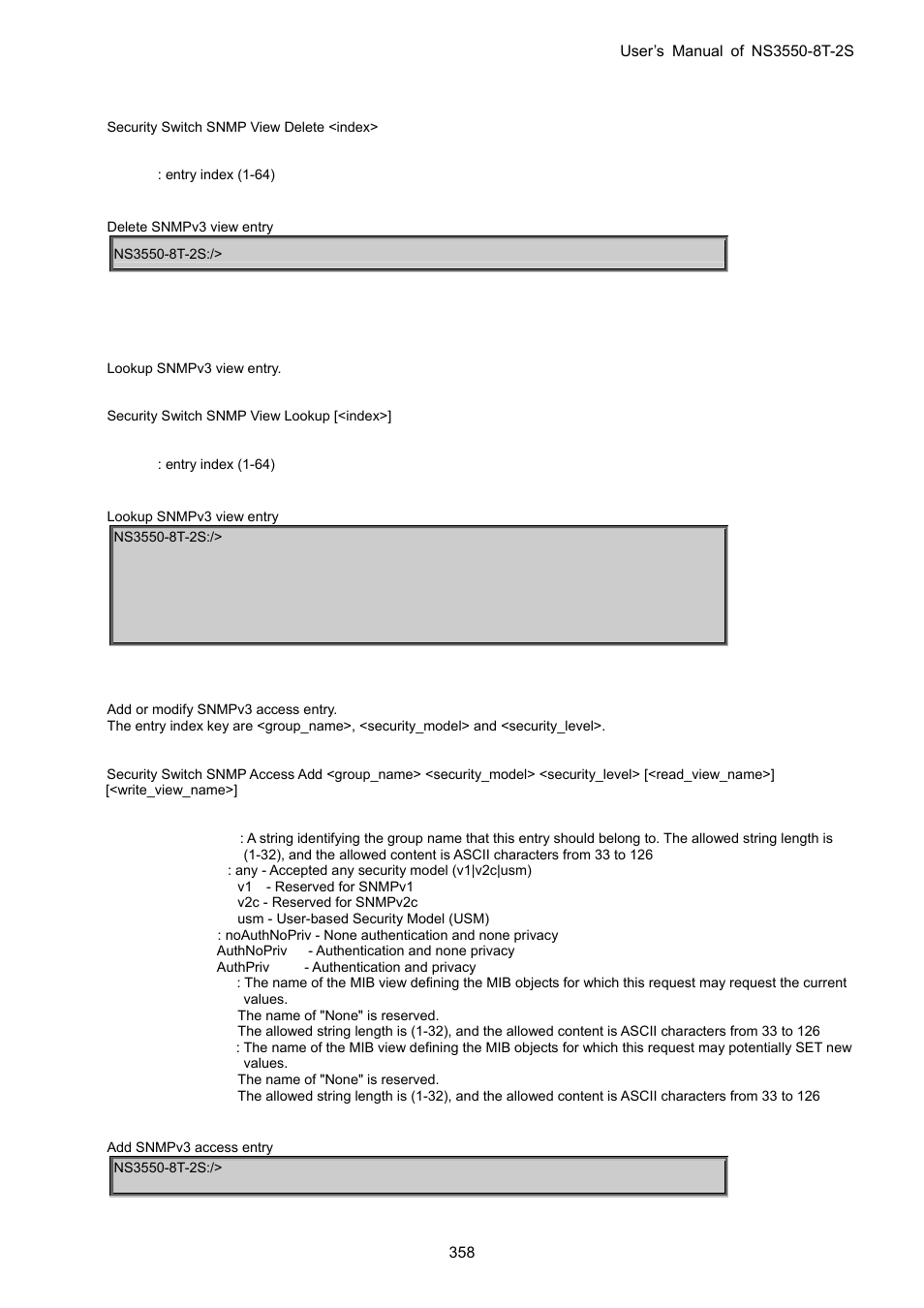 Security switch snmp view lookup, Security switch snmp access add | Interlogix NS3550-8T-2S User Manual User Manual | Page 358 / 495