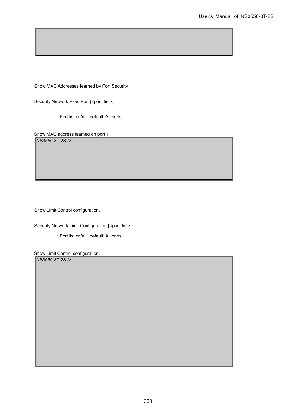 Security network psec port, Security network limit configuration | Interlogix NS3550-8T-2S User Manual User Manual | Page 360 / 495