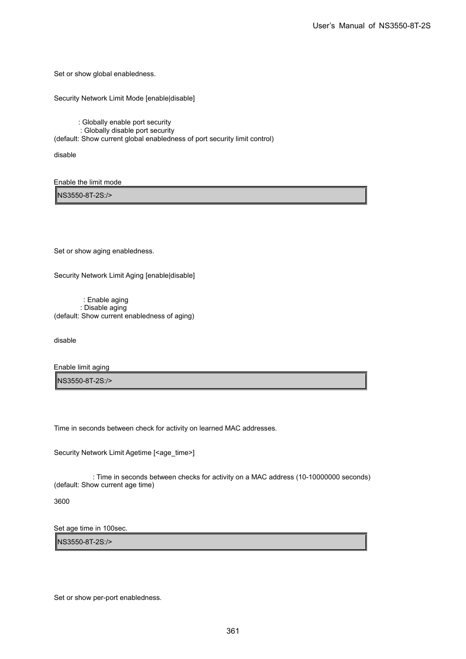 Security network limit mode, Security network limit aging, Security network limit agetime | Security network limit port | Interlogix NS3550-8T-2S User Manual User Manual | Page 361 / 495