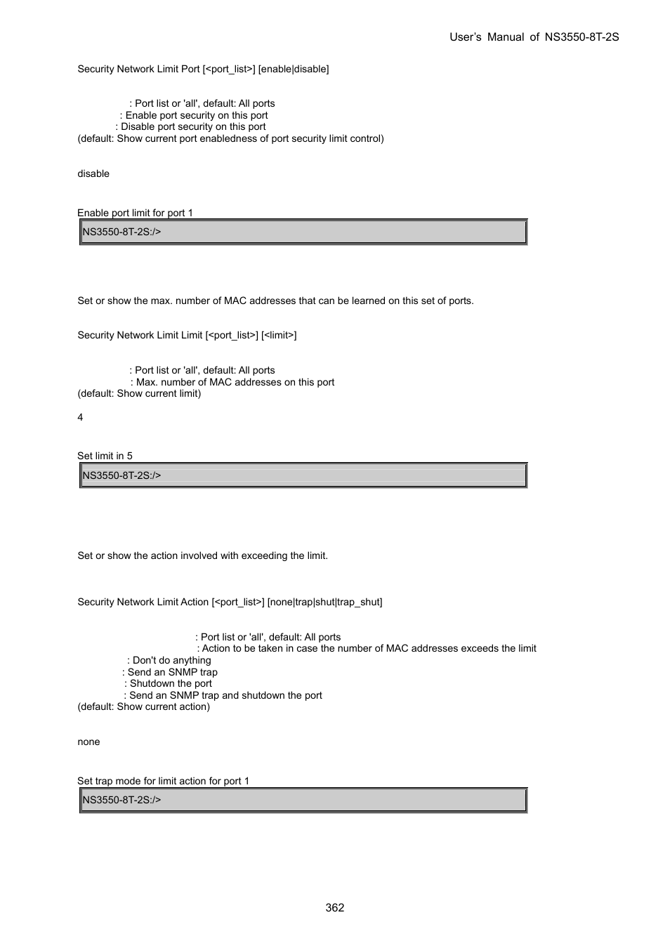 Security network limit limit, Security network limit action, Security network limit reopen | Interlogix NS3550-8T-2S User Manual User Manual | Page 362 / 495