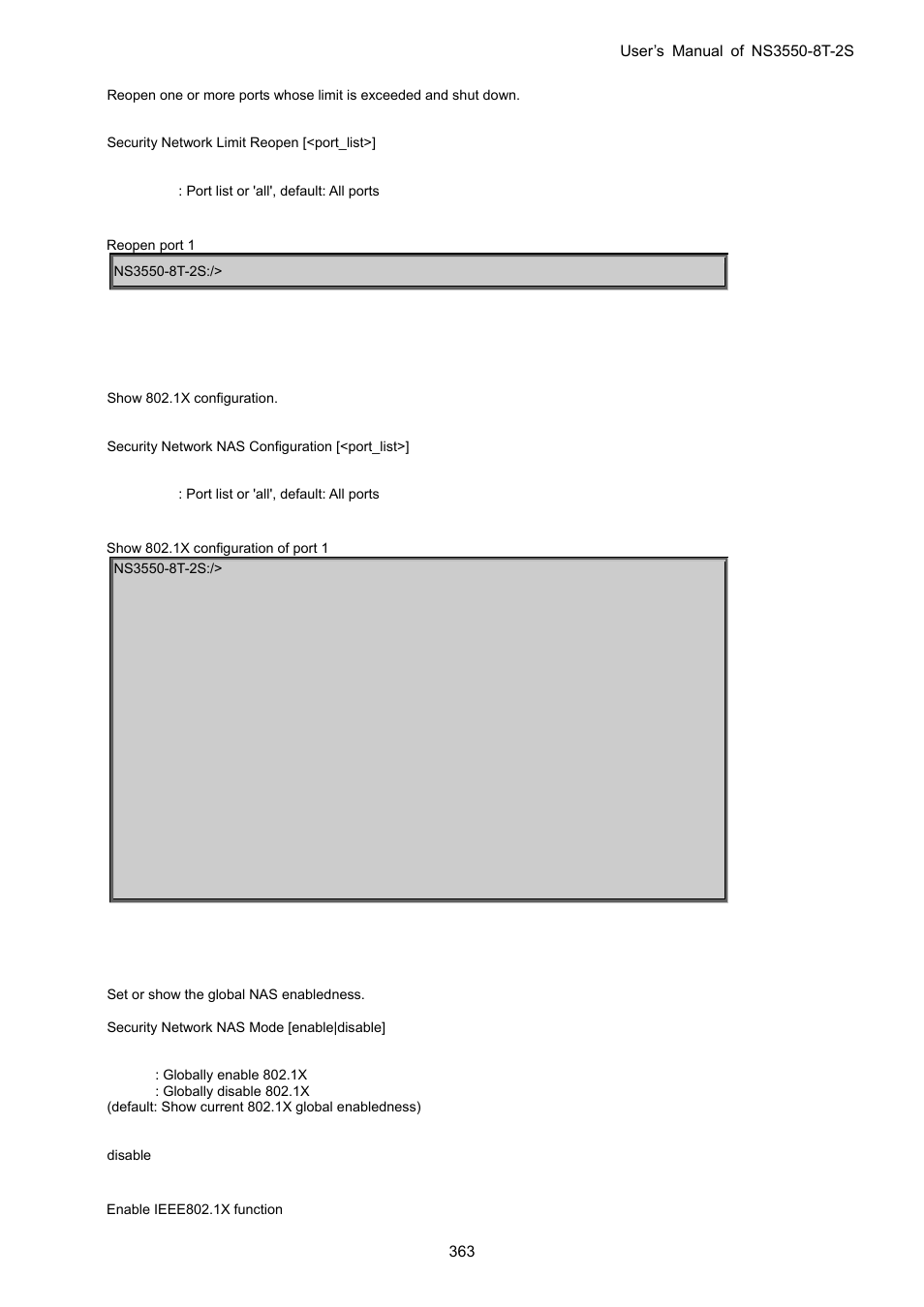 Security network nas configuration, Security network nas mode | Interlogix NS3550-8T-2S User Manual User Manual | Page 363 / 495