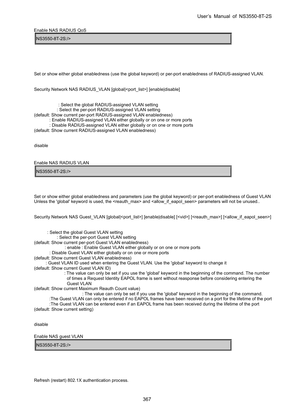 Security network nas radius_vlan, Security network nas guest_vlan, Security network nas authenticate | Interlogix NS3550-8T-2S User Manual User Manual | Page 367 / 495