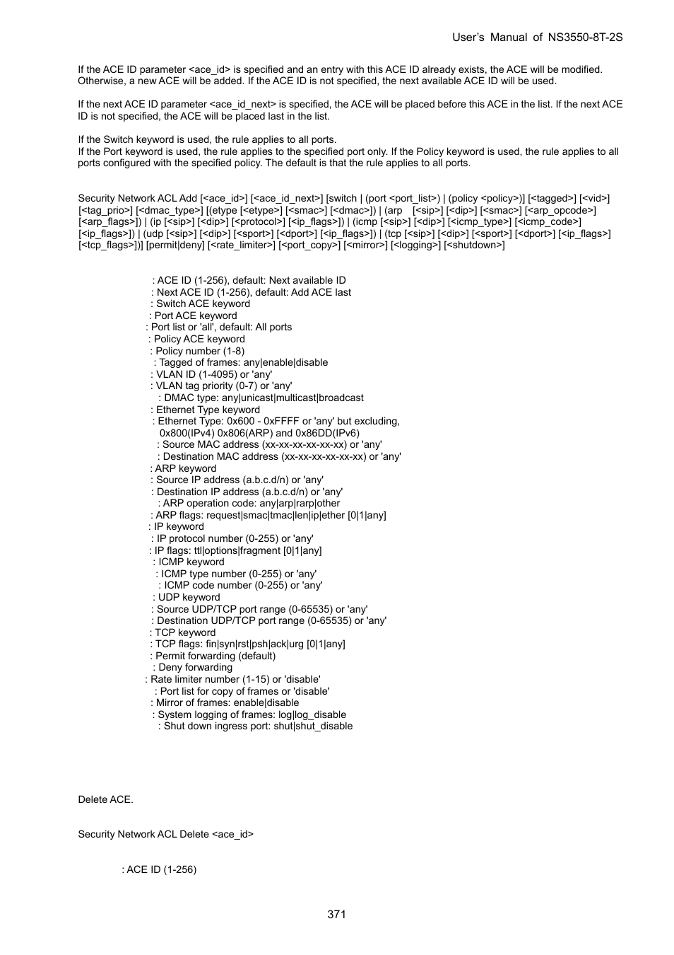 Security network acl delete | Interlogix NS3550-8T-2S User Manual User Manual | Page 371 / 495