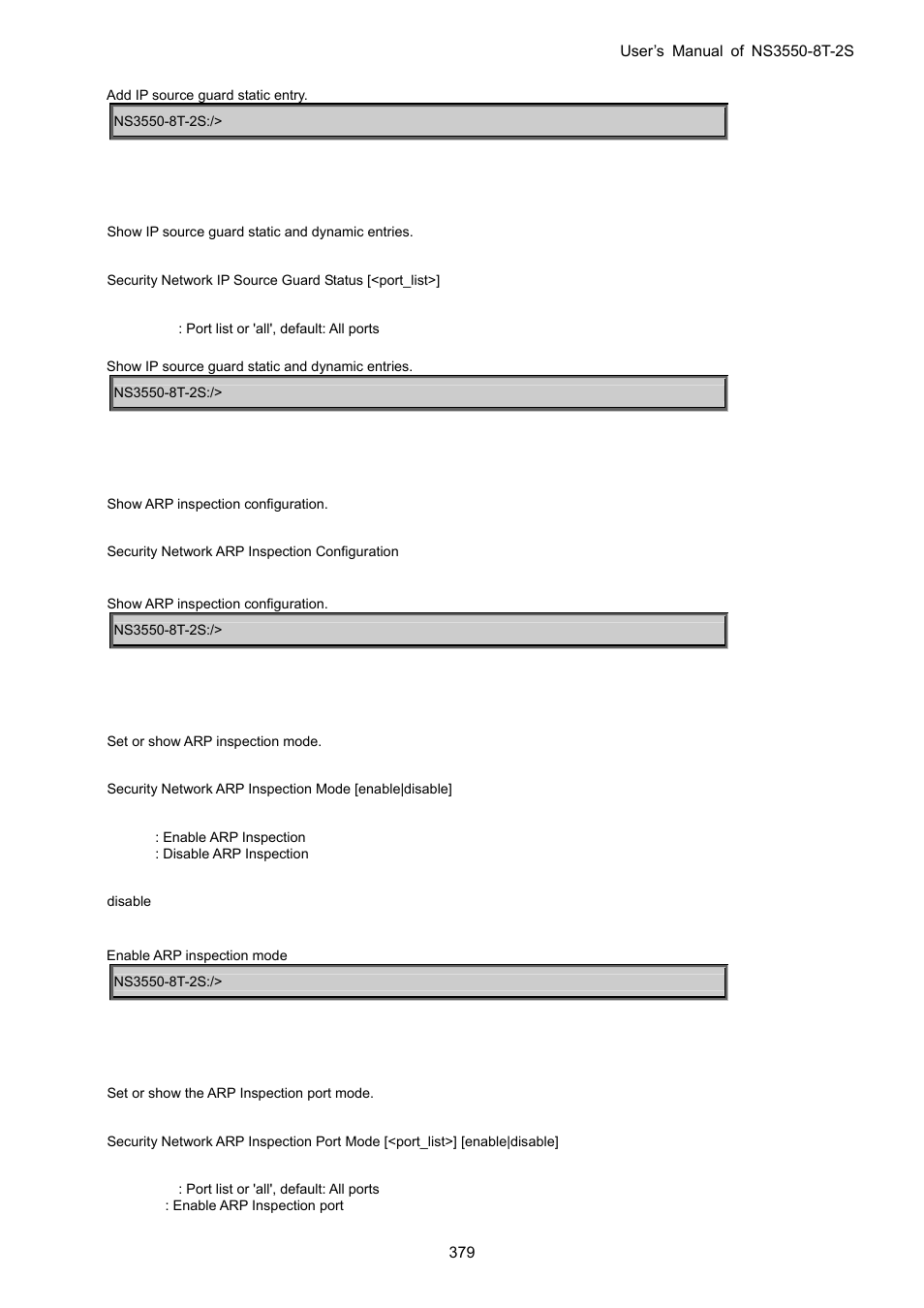 Security network ip source guard status, Security network arp inspection configuration, Security network arp inspection mode | Security network arp inspection port mode | Interlogix NS3550-8T-2S User Manual User Manual | Page 379 / 495