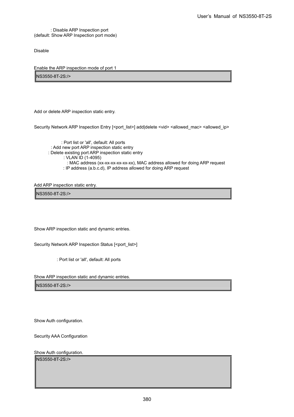 Security network arp inspection entry, Security network arp inspection status, Security aaa configuration | Interlogix NS3550-8T-2S User Manual User Manual | Page 380 / 495