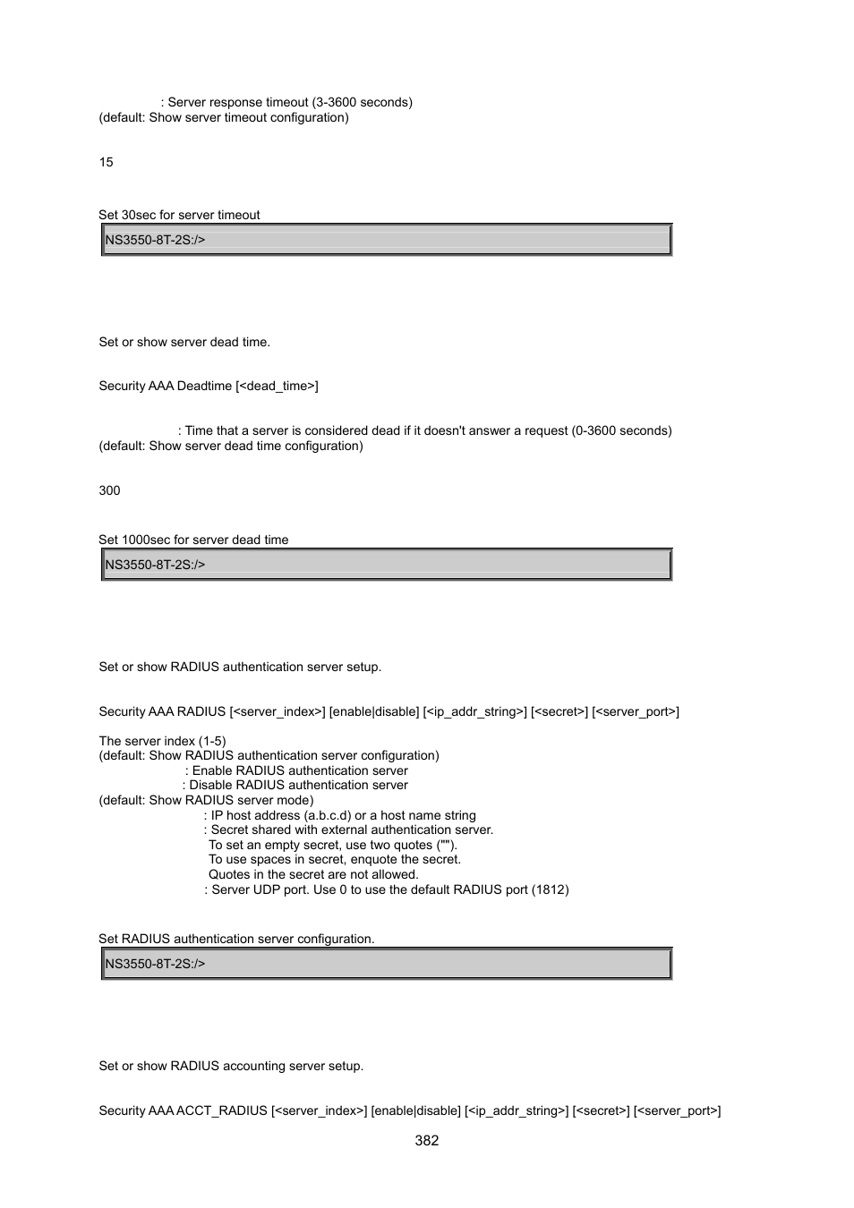 Security aaa deadtime, Security aaa radius, Security aaa acct_radius | Interlogix NS3550-8T-2S User Manual User Manual | Page 382 / 495