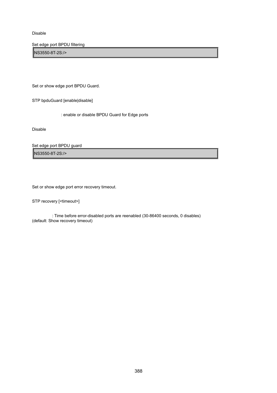 Stp bpdu guard, Stp recovery | Interlogix NS3550-8T-2S User Manual User Manual | Page 388 / 495