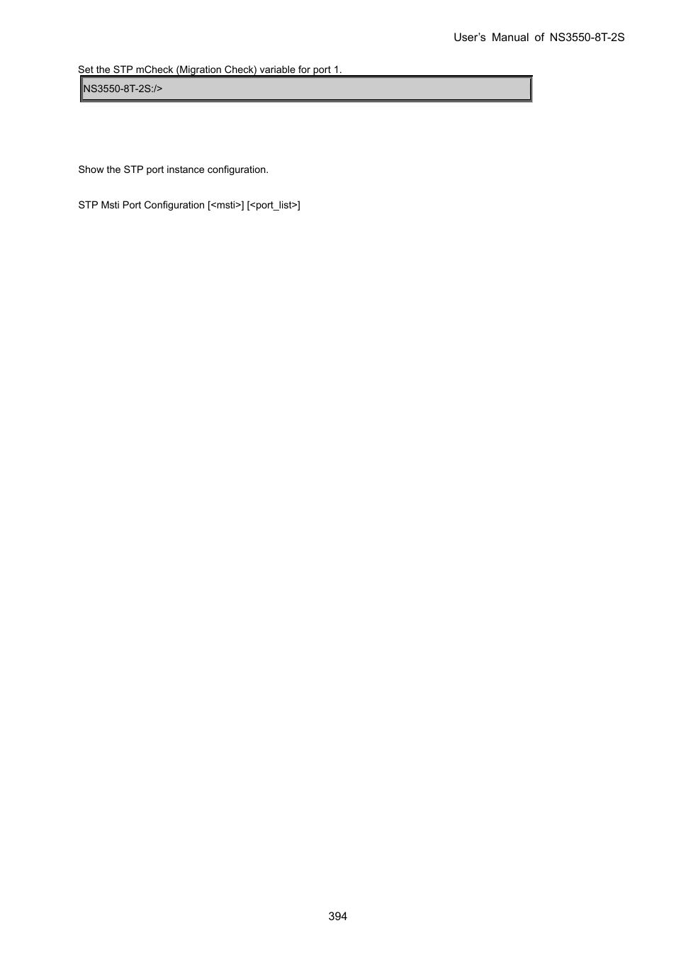 Stp msti port configuration | Interlogix NS3550-8T-2S User Manual User Manual | Page 394 / 495