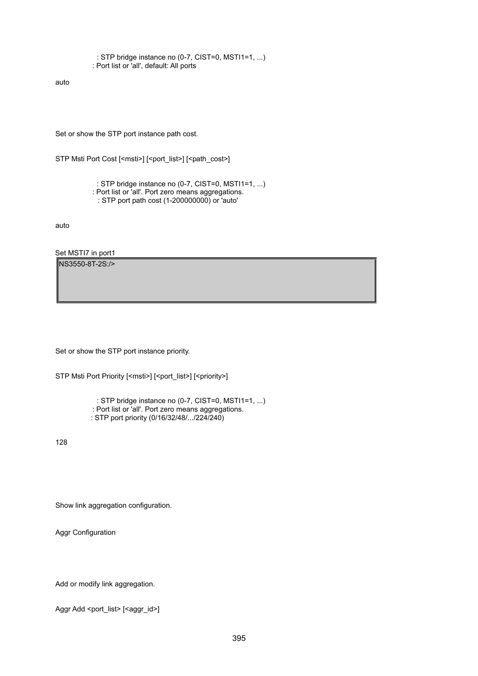 Stp msti port cost, Stp msti port priority, 9 link aggregation command | Aggregation configuration, Aggregation add | Interlogix NS3550-8T-2S User Manual User Manual | Page 395 / 495