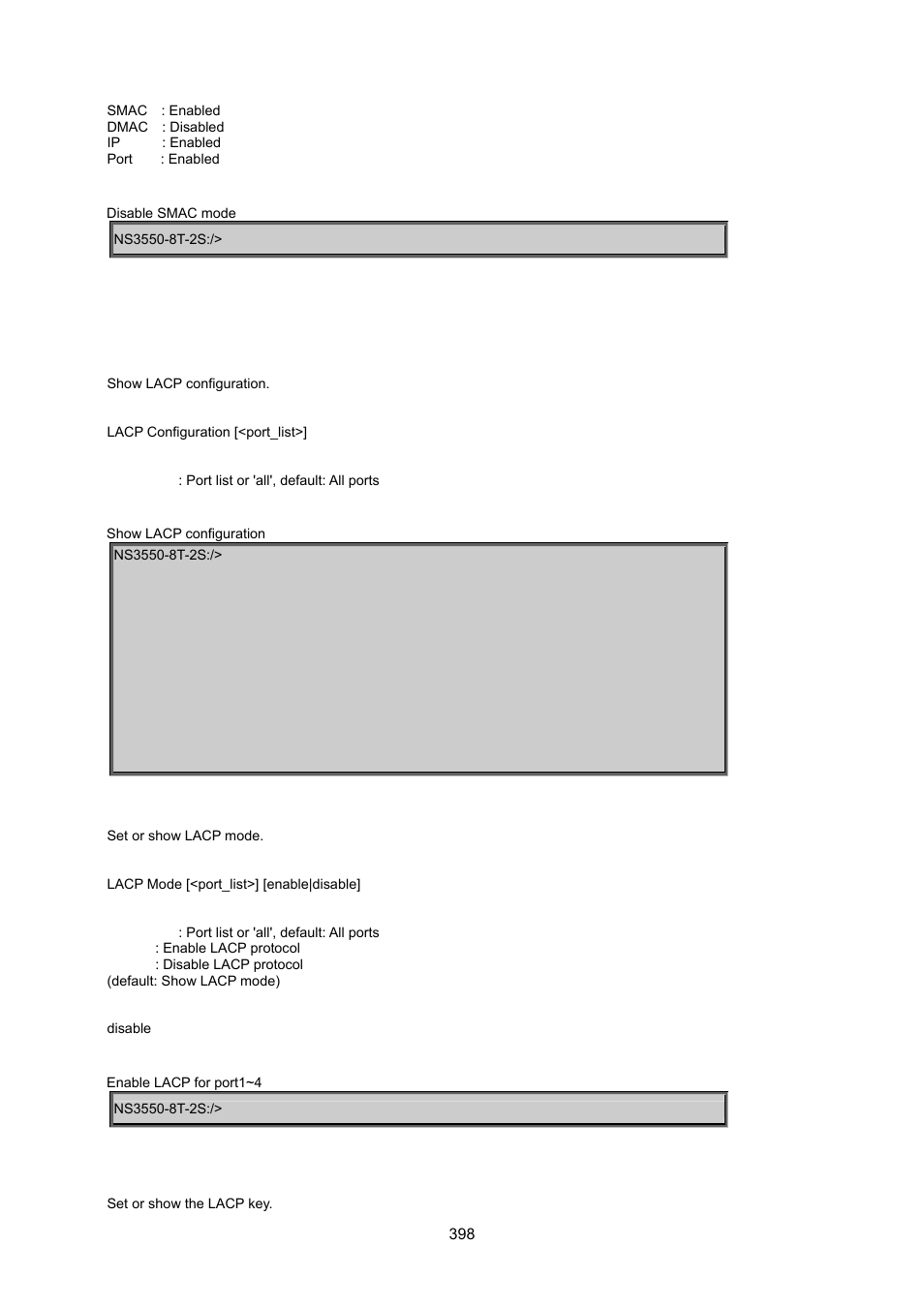 10 link aggregation control protocol command, Lacp configuration, Lacp mode | Lacp key | Interlogix NS3550-8T-2S User Manual User Manual | Page 398 / 495