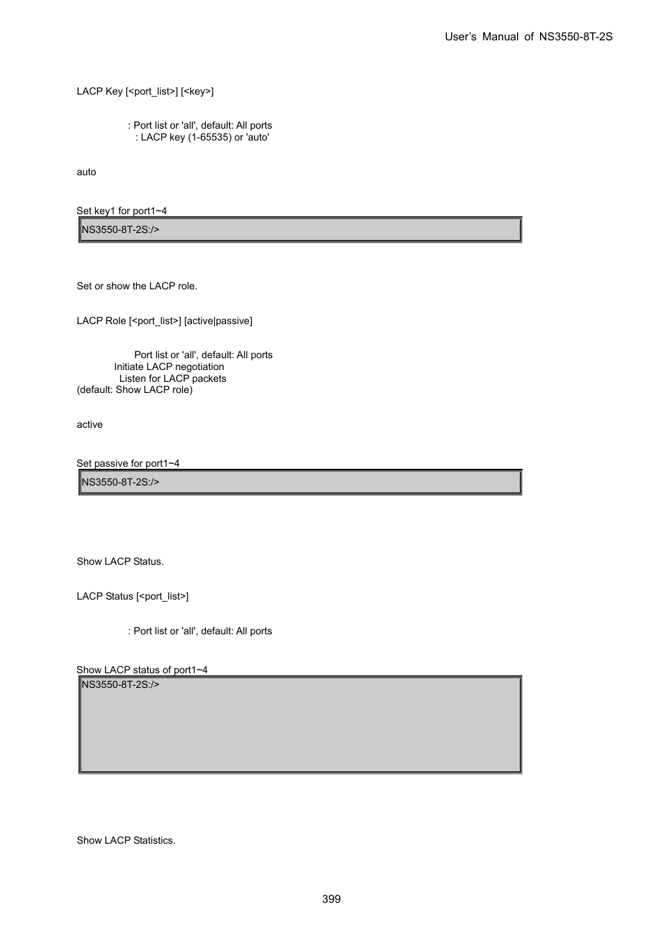 Lacp role, Lacp status, Lacp statistics | Interlogix NS3550-8T-2S User Manual User Manual | Page 399 / 495