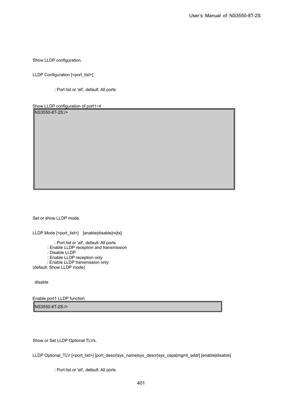 11 lldp command, Lldp configuration, Lldp mode | Lldp optional tlv | Interlogix NS3550-8T-2S User Manual User Manual | Page 401 / 495