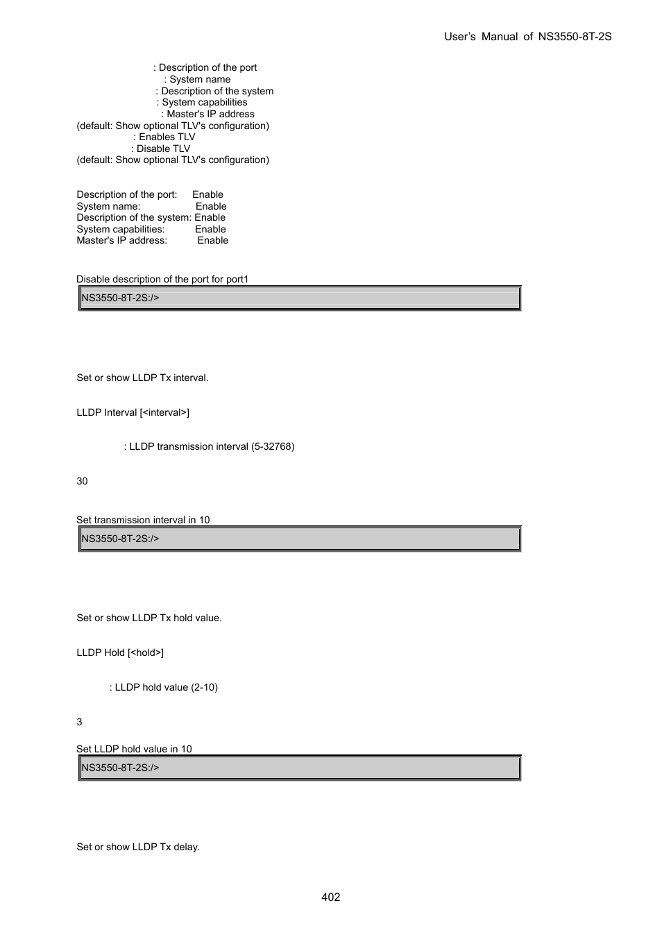 Lldp interval, Lldp hold, Lldp delay | Interlogix NS3550-8T-2S User Manual User Manual | Page 402 / 495