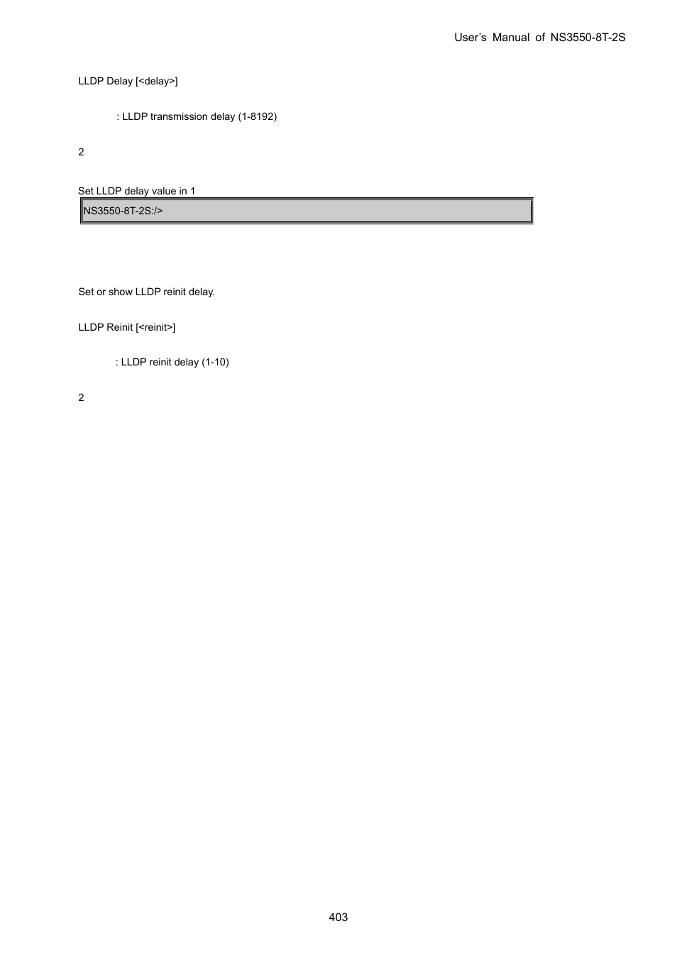 Lldp reinit | Interlogix NS3550-8T-2S User Manual User Manual | Page 403 / 495