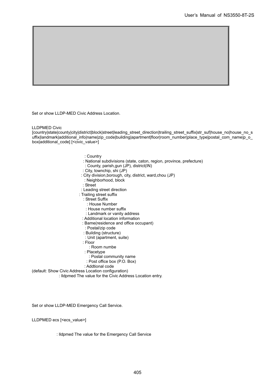 Lldpmed civic, Lldpmed ecs, Lldpmed policy delete | Interlogix NS3550-8T-2S User Manual User Manual | Page 405 / 495