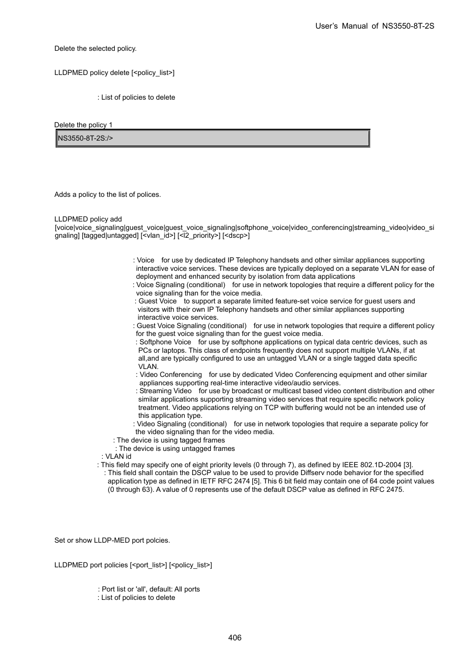 Lldpmed policy add, Lldpmed port policy | Interlogix NS3550-8T-2S User Manual User Manual | Page 406 / 495