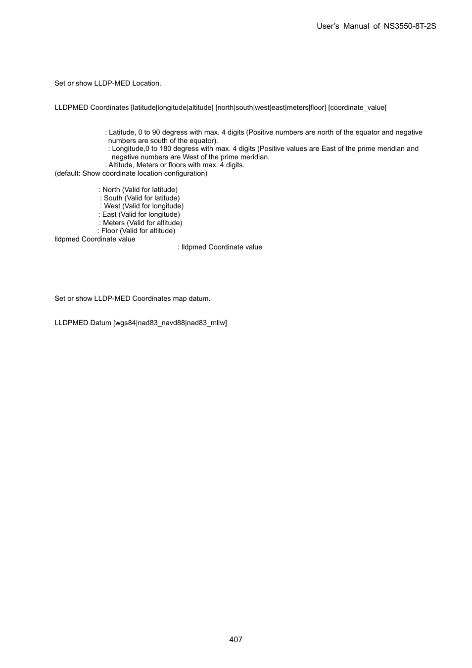 Lldpmed coordinates, Lldpmed datum | Interlogix NS3550-8T-2S User Manual User Manual | Page 407 / 495