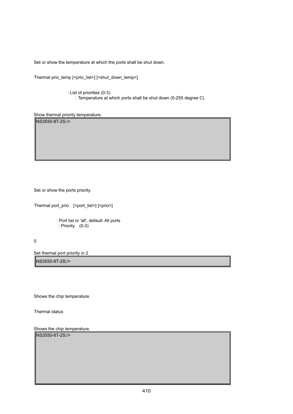 14 thermal command, Thermal priority temperature, Thermal port priority | Thermal status | Interlogix NS3550-8T-2S User Manual User Manual | Page 410 / 495