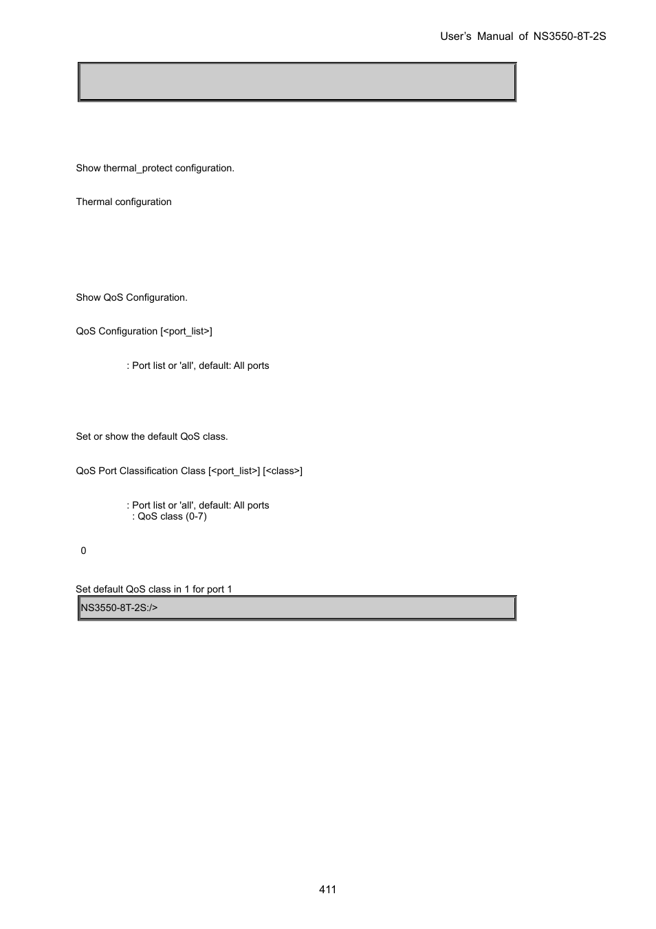 Thermal configuration, 15 quality of service command, Qos configuration | Qos port classification class | Interlogix NS3550-8T-2S User Manual User Manual | Page 411 / 495