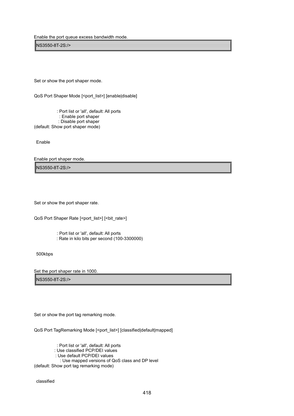 Qos port shaper mode, Qos port shaper rate, Qos port tagremarking mode | Interlogix NS3550-8T-2S User Manual User Manual | Page 418 / 495