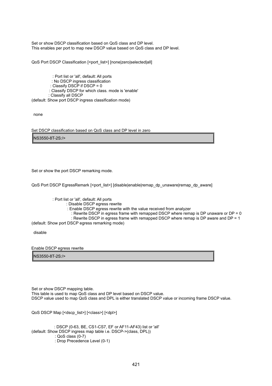 Qos port dscp classification, Qos port dscp egressremark, Qos dscp map | Interlogix NS3550-8T-2S User Manual User Manual | Page 421 / 495