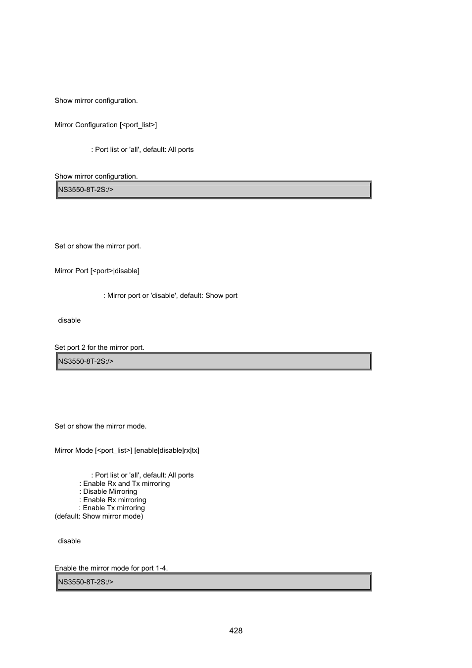16 mirror command, Mirror configuration, Mirror port | Mirror mode | Interlogix NS3550-8T-2S User Manual User Manual | Page 428 / 495