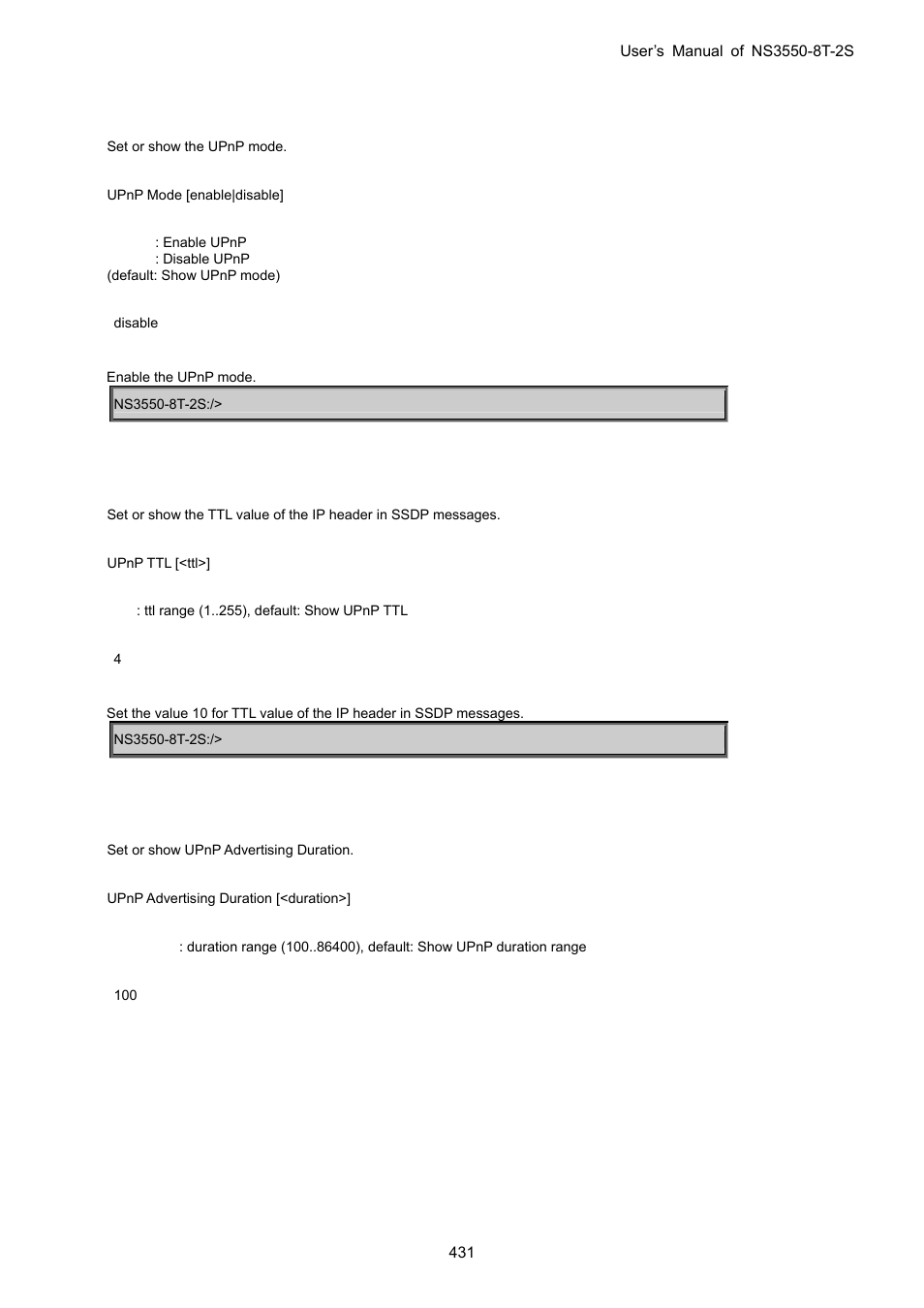Upnp mode, Upnp ttl, Upnp advertising duration | Interlogix NS3550-8T-2S User Manual User Manual | Page 431 / 495