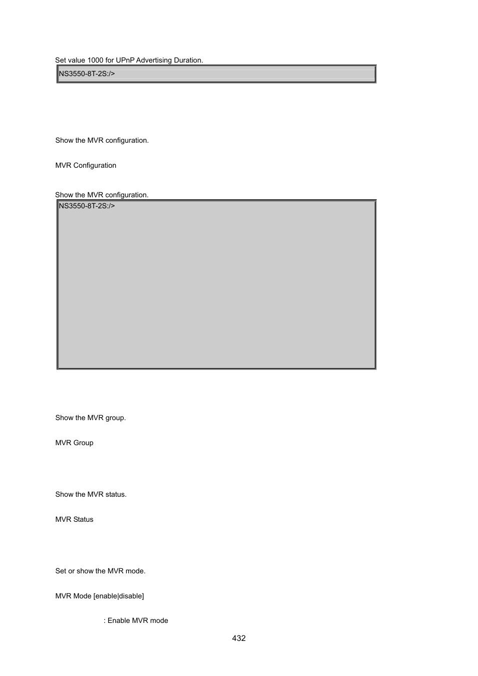 20 mvr command, Mvr configuration, Mvr group | Mvr status, Mvr mode | Interlogix NS3550-8T-2S User Manual User Manual | Page 432 / 495