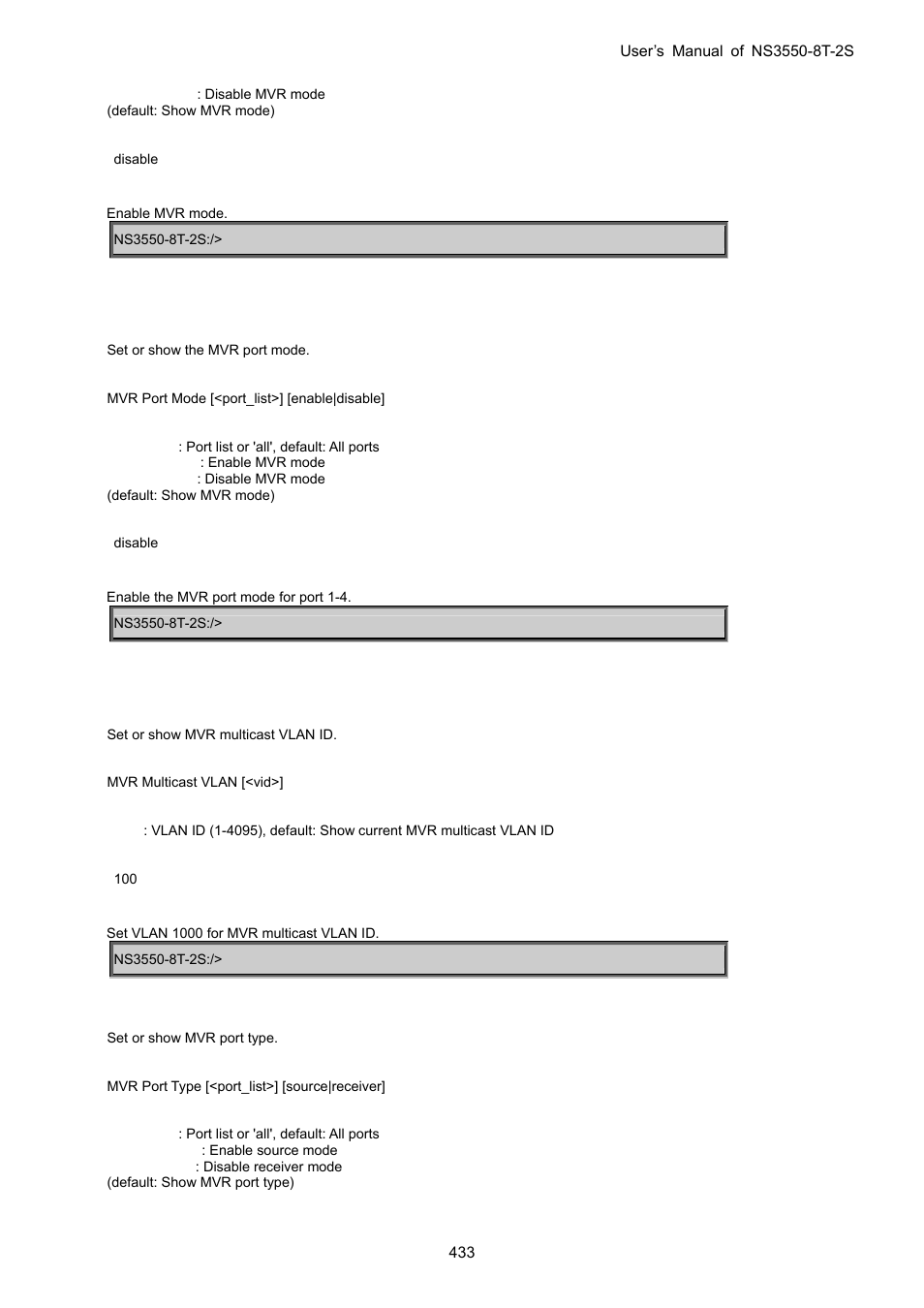 Mvr port mode, Mvr multicast vlan, Mvr port type | Interlogix NS3550-8T-2S User Manual User Manual | Page 433 / 495