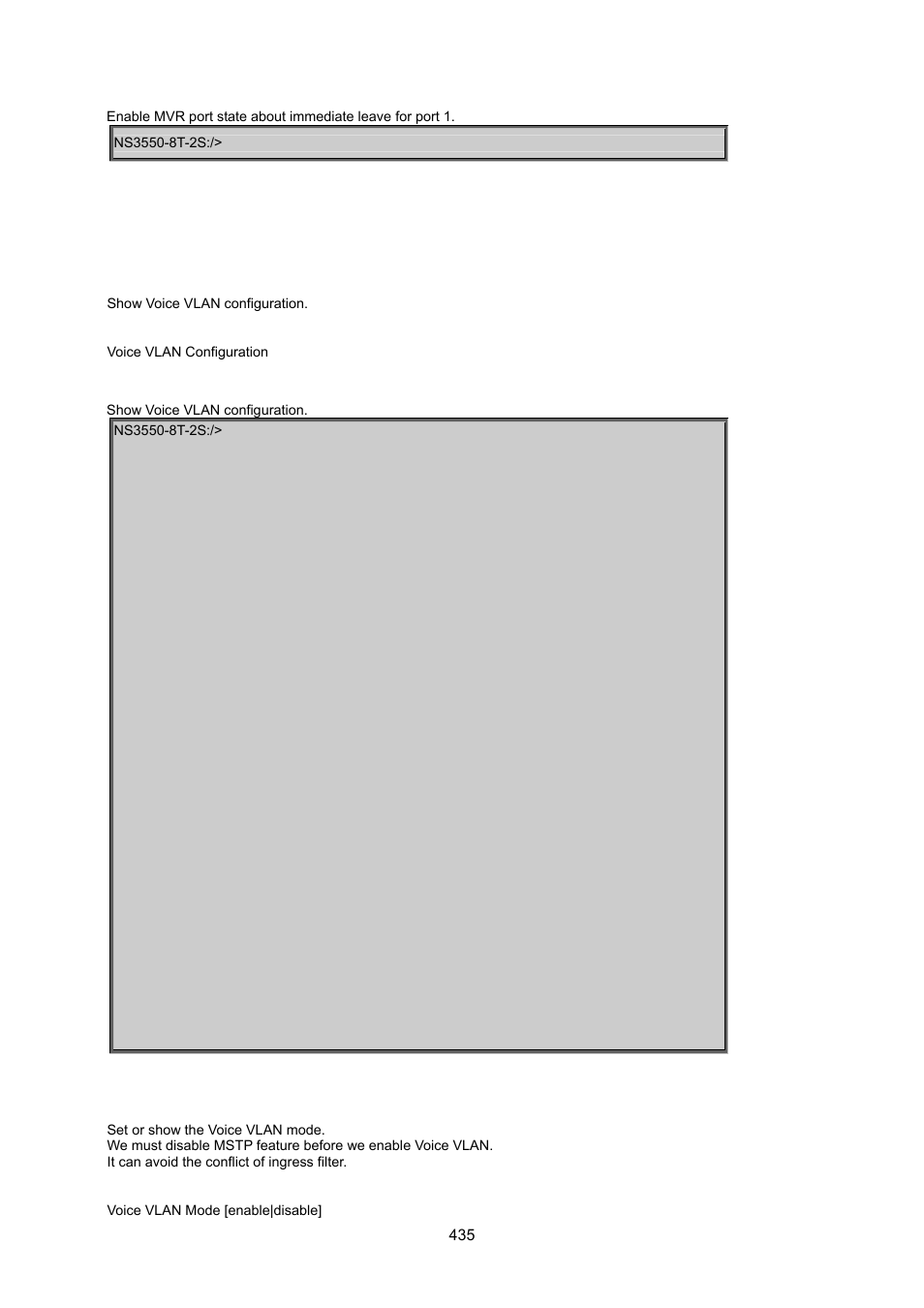 21 voice vlan command, Voice vlan configuration, Voice vlan mode | Interlogix NS3550-8T-2S User Manual User Manual | Page 435 / 495