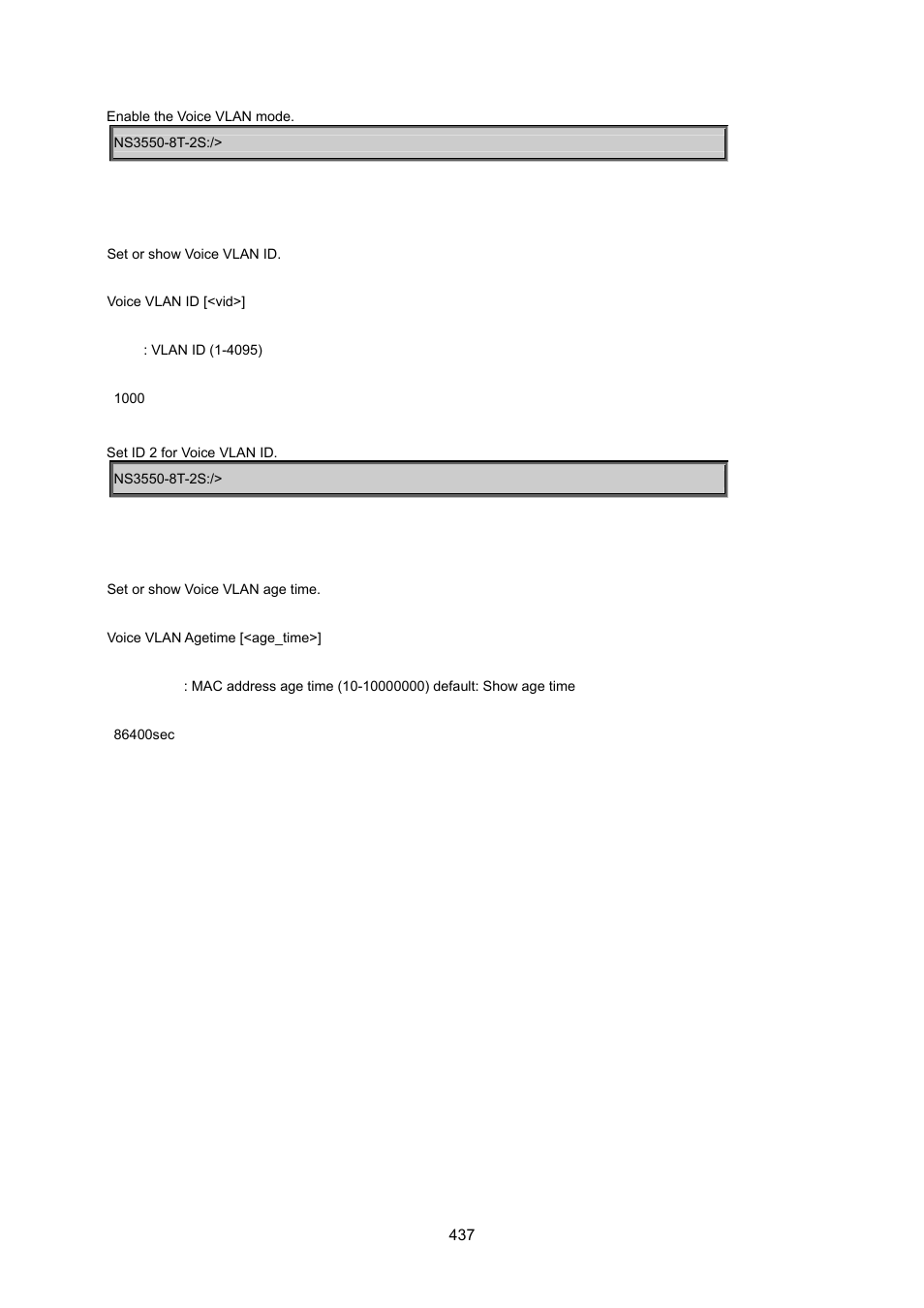 Voice vlan id, Voice vlan agetime | Interlogix NS3550-8T-2S User Manual User Manual | Page 437 / 495