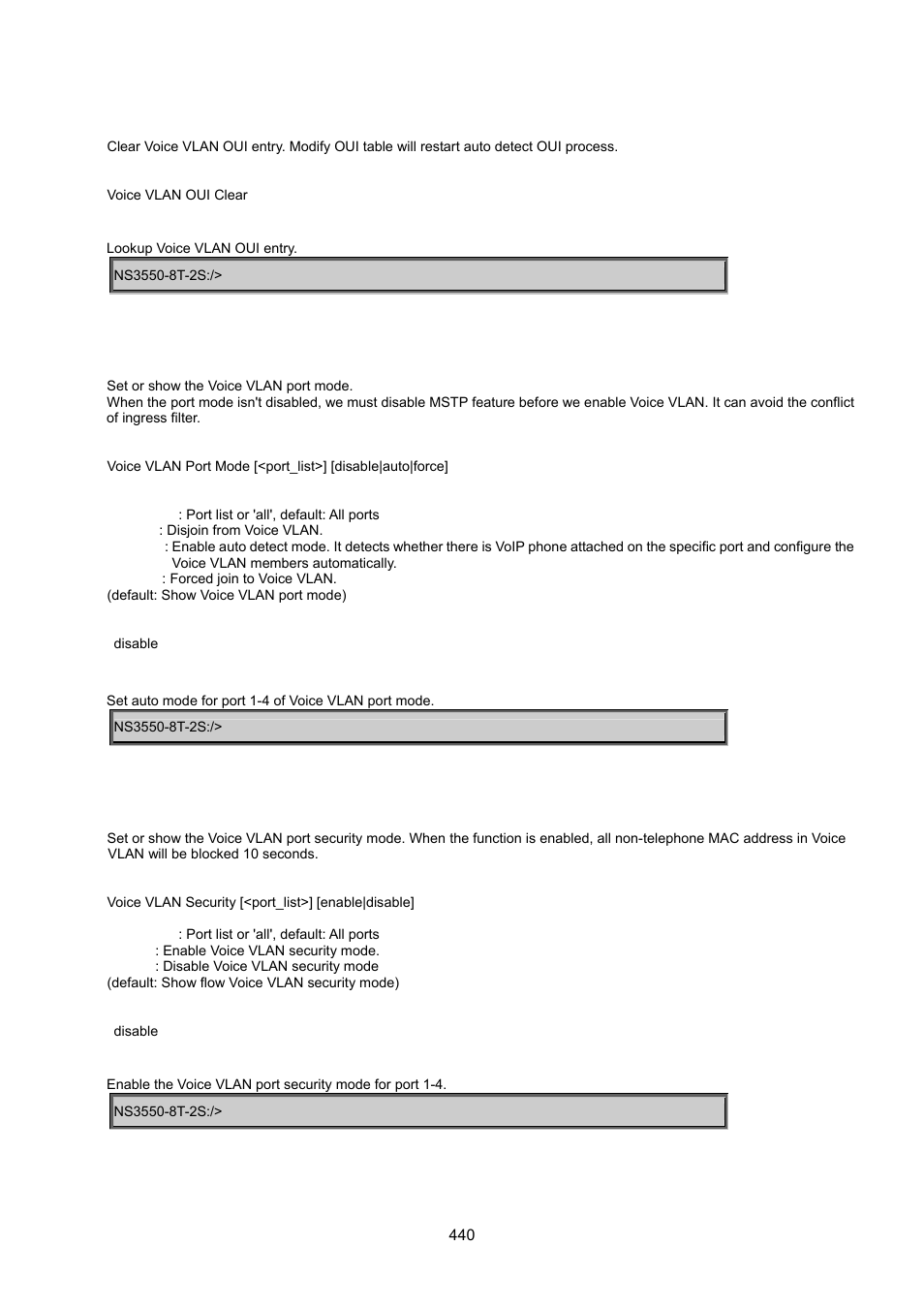 Voice vlan oui lookup, Voice vlan port mode, Voice vlan security | Interlogix NS3550-8T-2S User Manual User Manual | Page 440 / 495