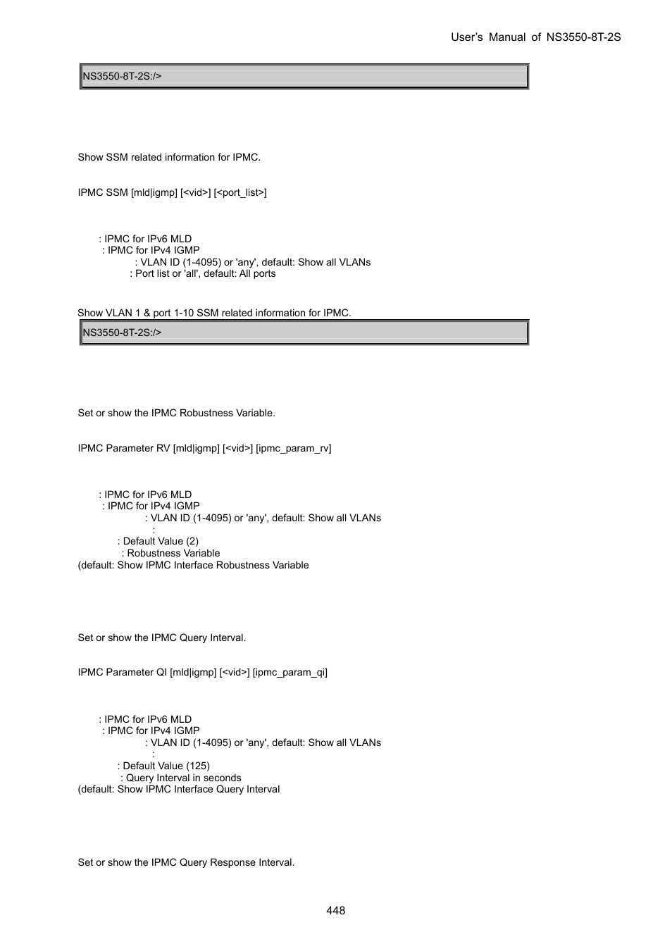 Ipmc ssm, Ipmc parameter rv, Ipmc parameter qi | Ipmc parameter qri | Interlogix NS3550-8T-2S User Manual User Manual | Page 448 / 495