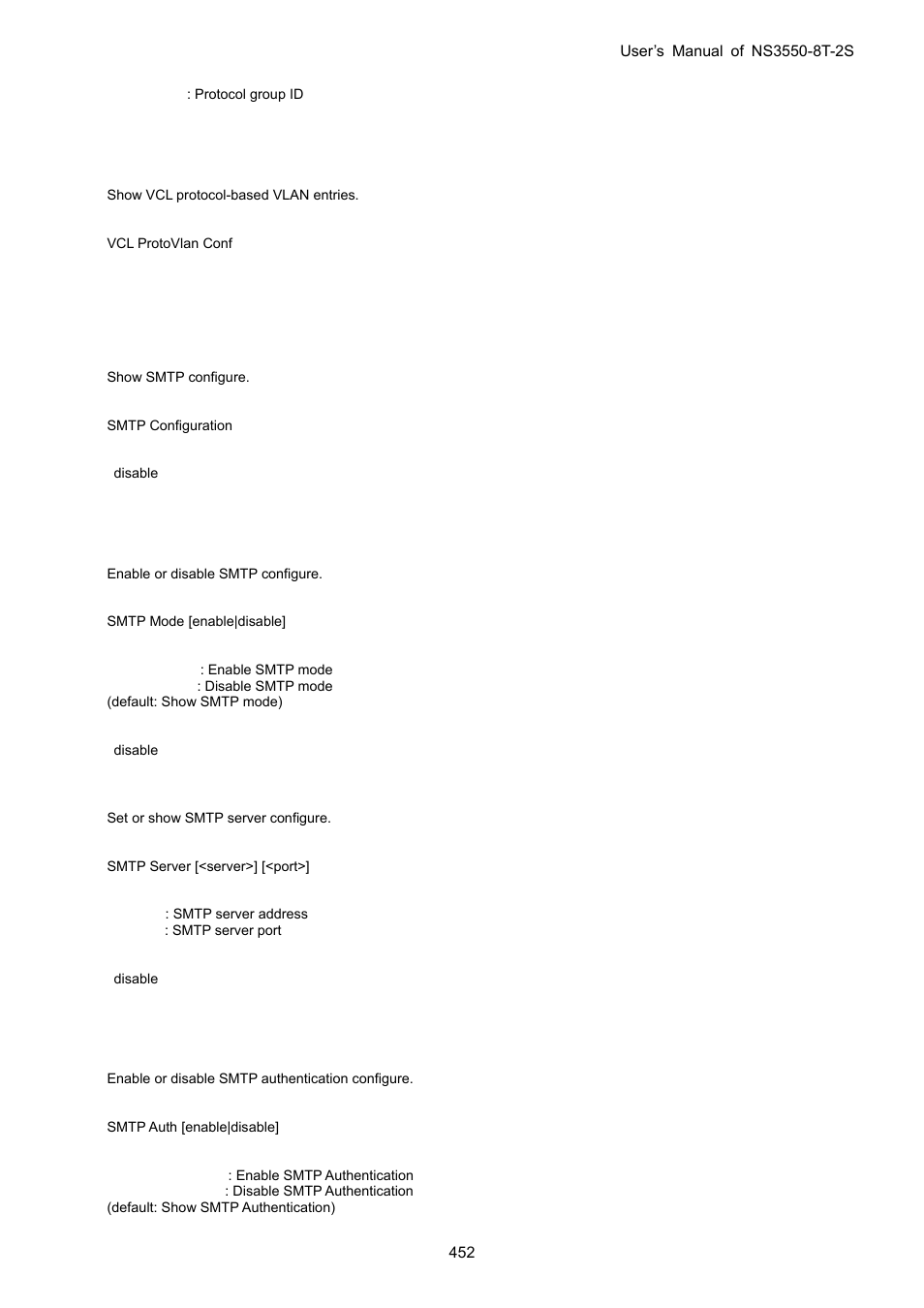 Vcl protocol-based vlan configuration, 25 smtp command, Smtp configuration | Smtp mode, Smtp server, Smtp auth | Interlogix NS3550-8T-2S User Manual User Manual | Page 452 / 495