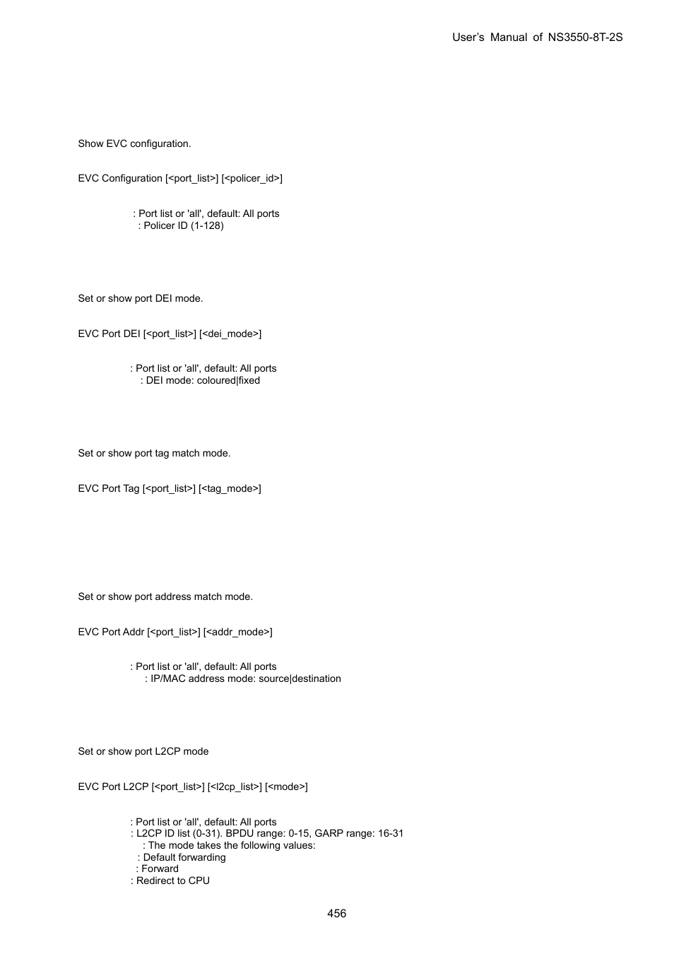 26 ethernet virtual connections command, Evc configuration, Evc port dei | Evc port tag, Evc port addr, Evc port l2cp | Interlogix NS3550-8T-2S User Manual User Manual | Page 456 / 495