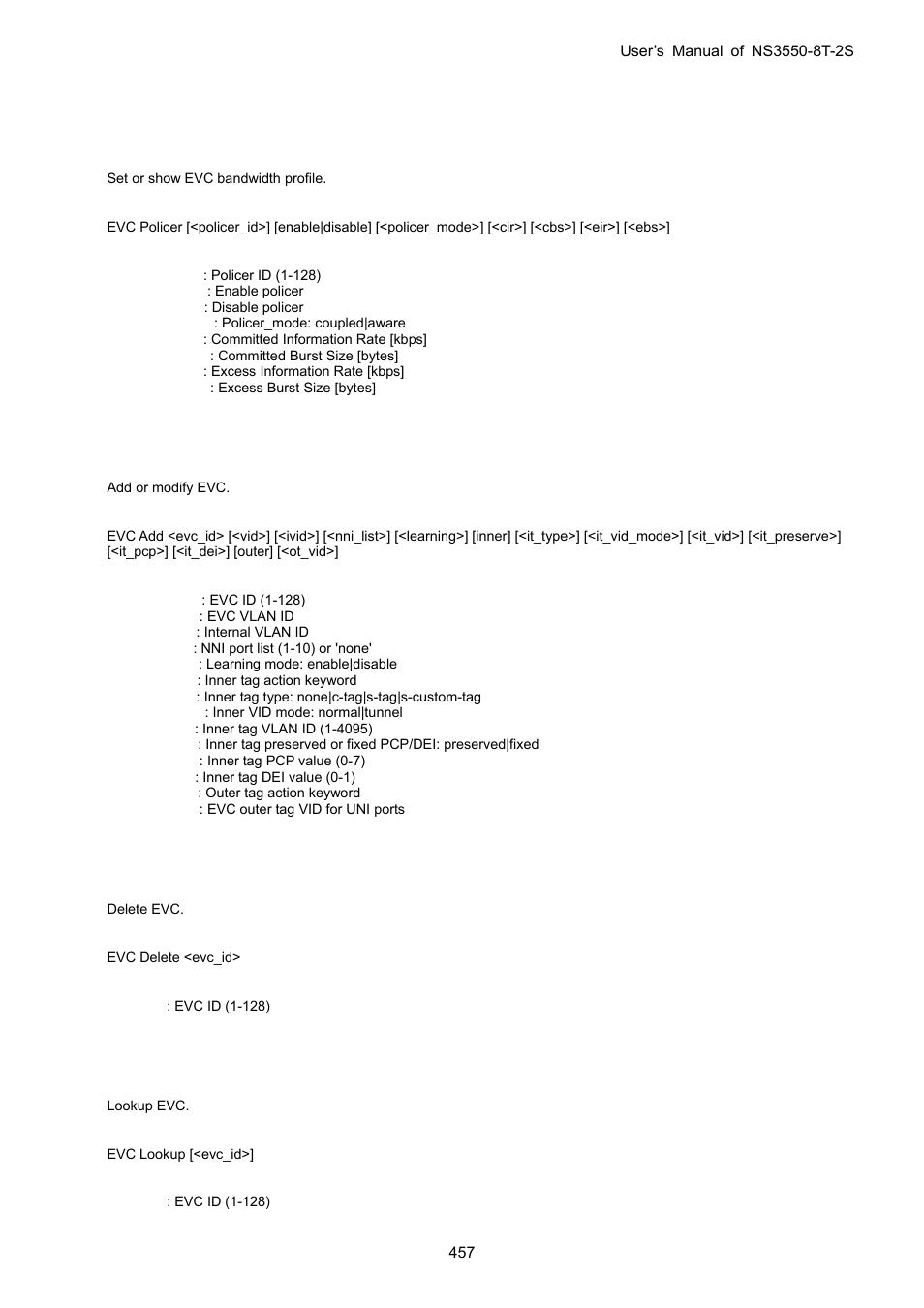 Evc policer, Evc add, Evc delete | Evc lookup | Interlogix NS3550-8T-2S User Manual User Manual | Page 457 / 495